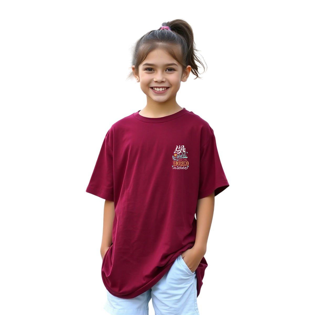 Girls’ Oversized Printed Cotton Tee (Maroon)