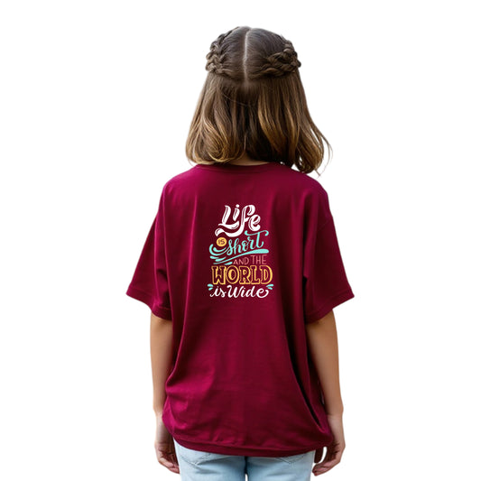 Girls’ Oversized Printed Cotton Tee (Maroon)