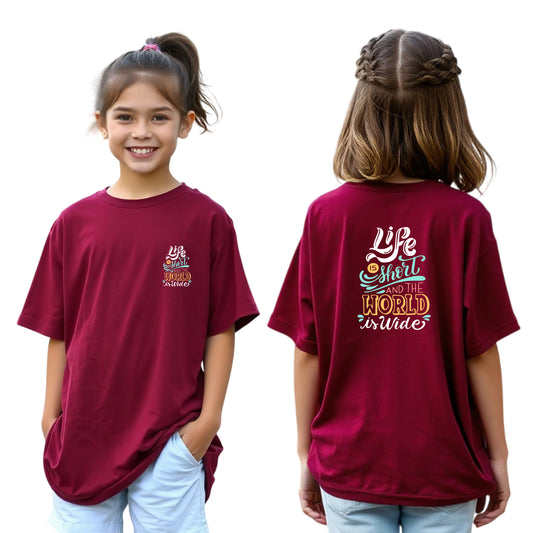 Girls’ Oversized Printed Cotton Tee (Maroon)