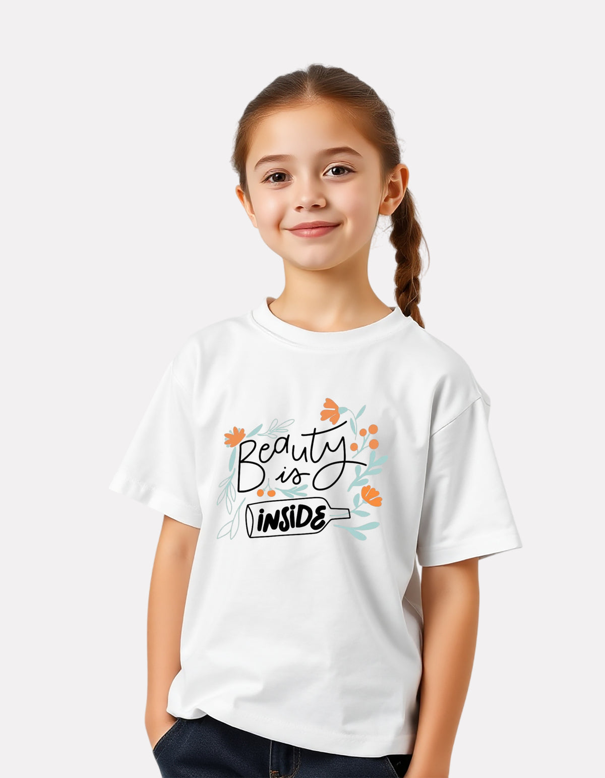 White Printed Casual Cotton T-Shirt for Girls