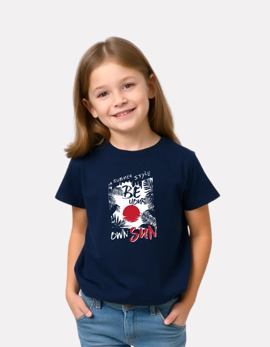Printed Navy Blue Cotton T-Shirt for Girls