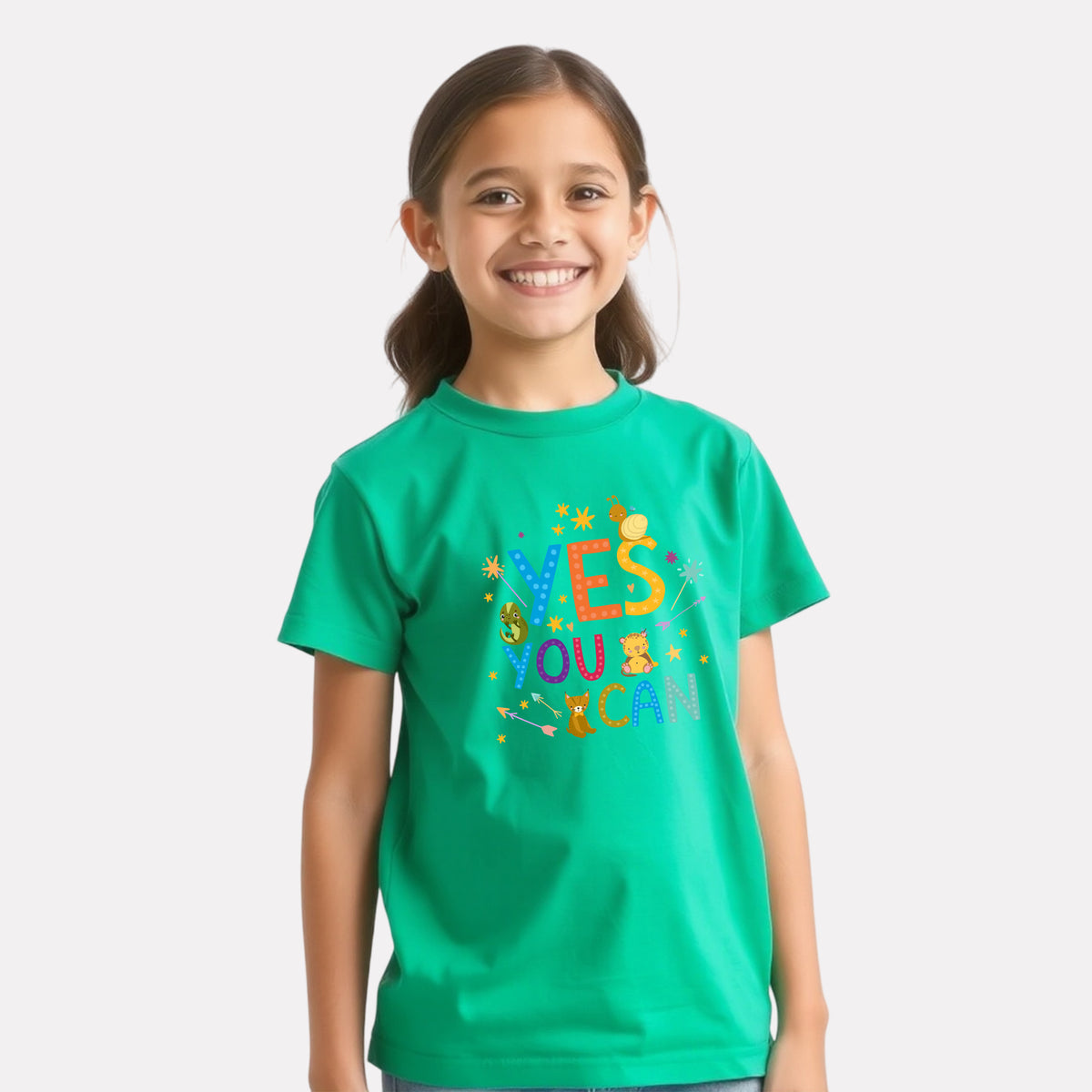 Green Color Graphic Print T-Shirt For Girls