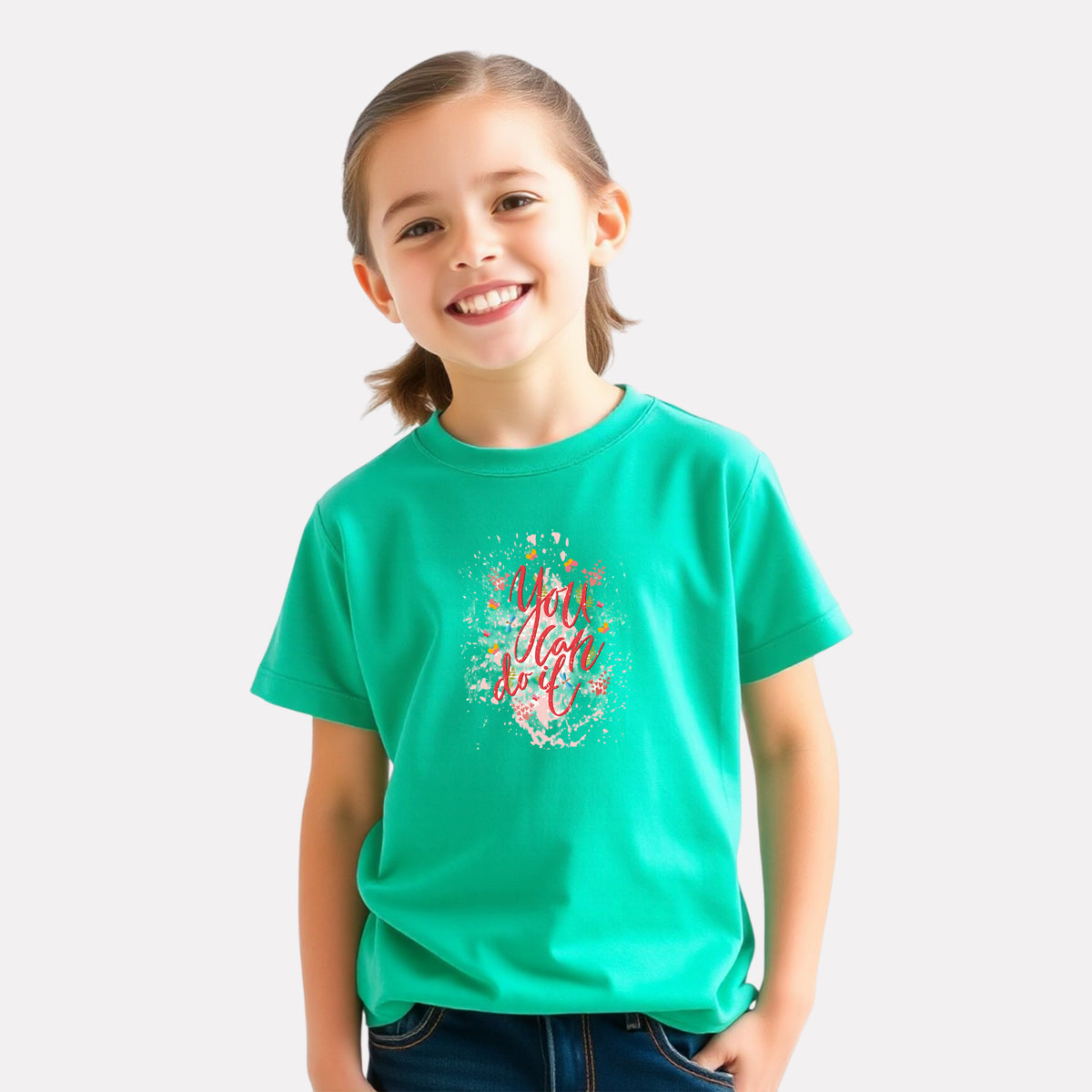 Green Color Graphic Print T-Shirt For Girls