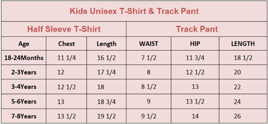 Size Chart for Tiny Trekker Full Sleeve Track Suit