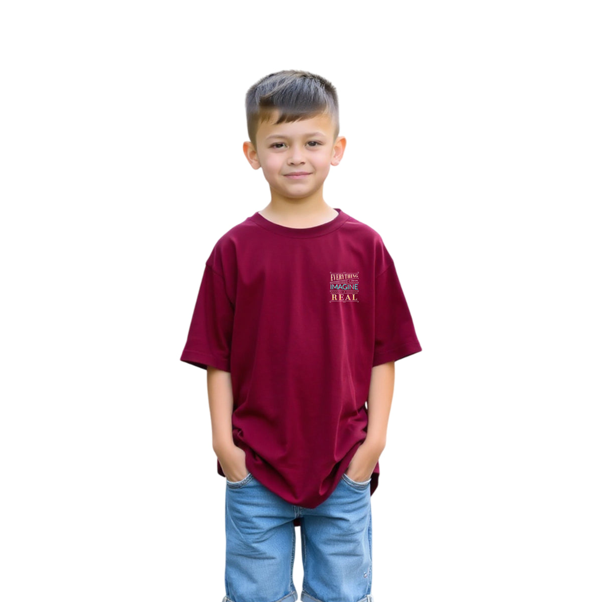 Boys’ Oversized Printed Cotton Tee (Maroon)