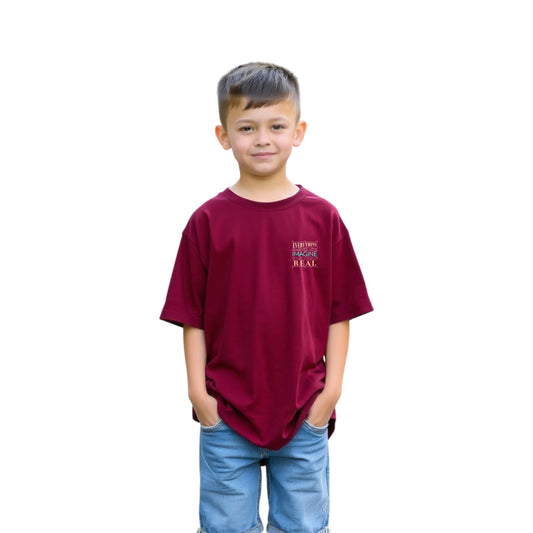 Boys’ Oversized Printed Cotton Tee (Maroon)