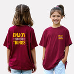 Girls’ Oversized Printed Cotton Tee (Maroon)