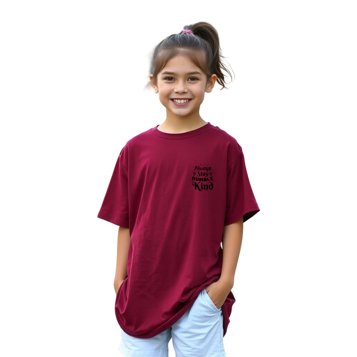 Girls’ Oversized Printed Cotton Tee (Maroon)