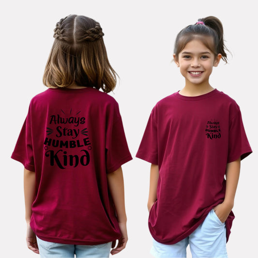 Girls’ Oversized Printed Cotton Tee (Maroon)