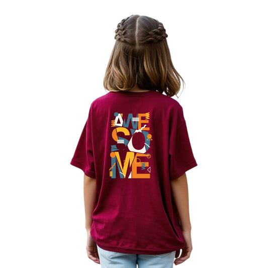 Girls’ Oversized Printed Cotton Tee (Maroon)