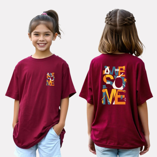 Girls’ Oversized Printed Cotton Tee (Maroon)