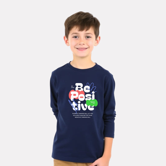 Minimalist Boys Cotton Full Sleeve T-Shirt - Navy