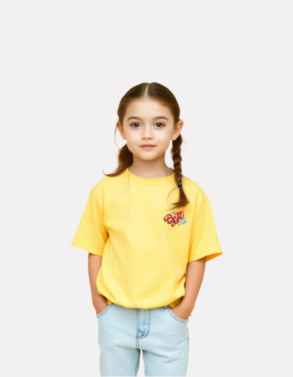 Girls Printed Extended Sleeves Oversized Cotton T-shirt (Yellow Color)