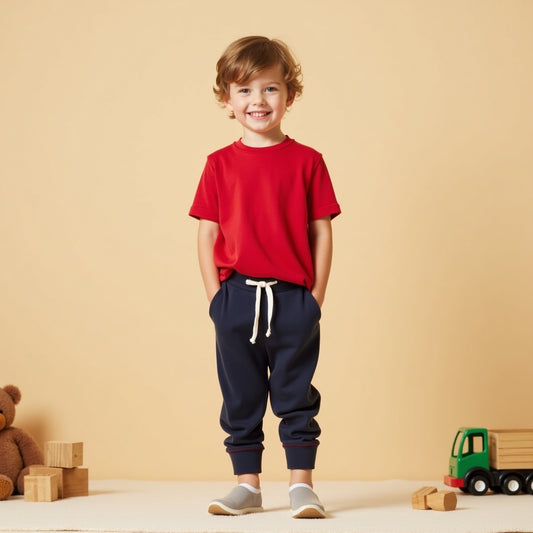 Half Sleeve Plain Tee With Track Pants Set Red & Navy