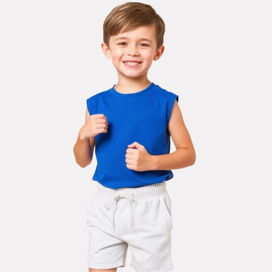 Royal Blue Tee & White Melange Shorts for Boys