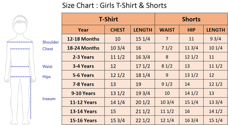 Size Chart for Baby Pink T-Shirt with White Melange Shorts Set