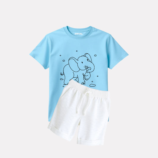 Printed T-shirt with White Melange Shorts Set