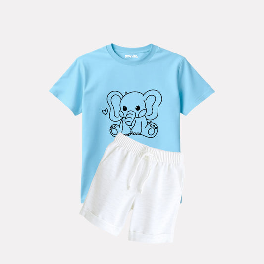 Printed T-shirt with White Melange Shorts Set