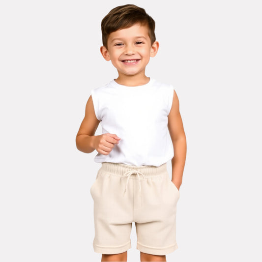 White Tee & Beige Shorts for Boys