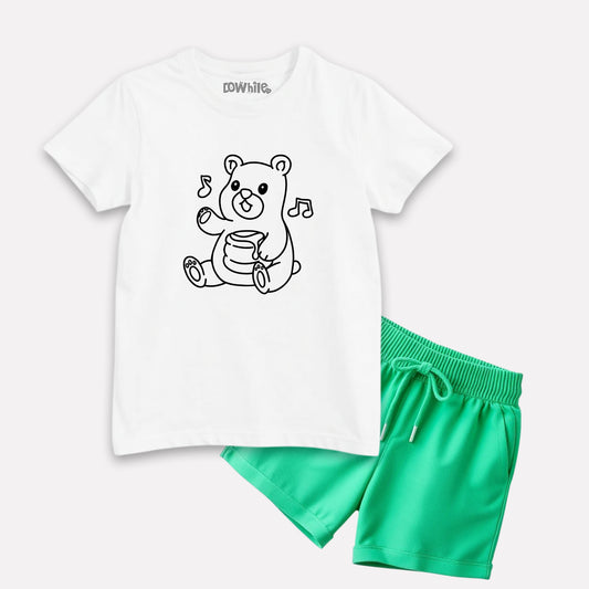 Girls White Printed T-shirt with Green Shorts Set