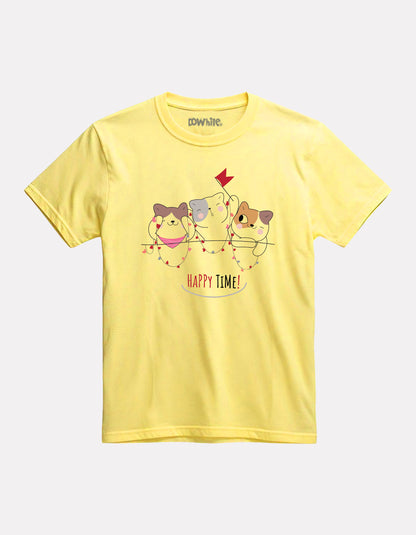 Printed light yellow Cotton T-Shirt for Girls