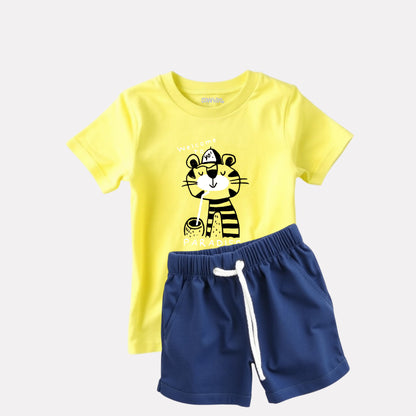 Boys Yellow Printed T-shirt with Navy Blue Shorts Cotton Set