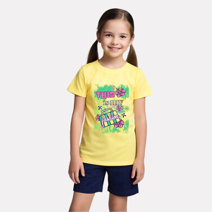 Girls Yellow Printed T-Shirt with Navy Blue Shorts Set